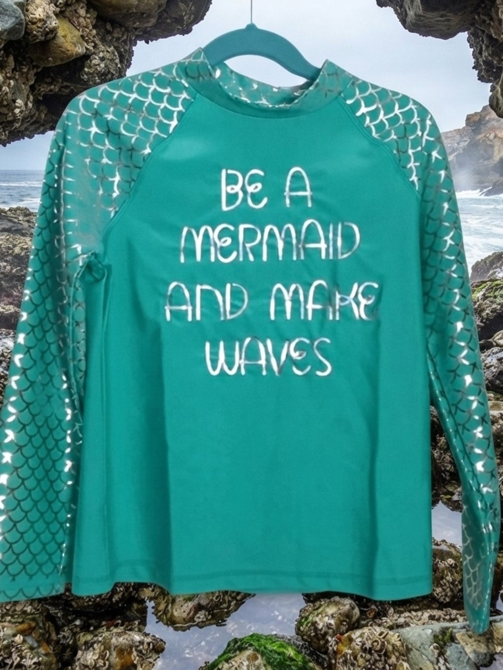 Cat & Jack Girls Teal "Be a Mermaid and Make Waves" Rashguard